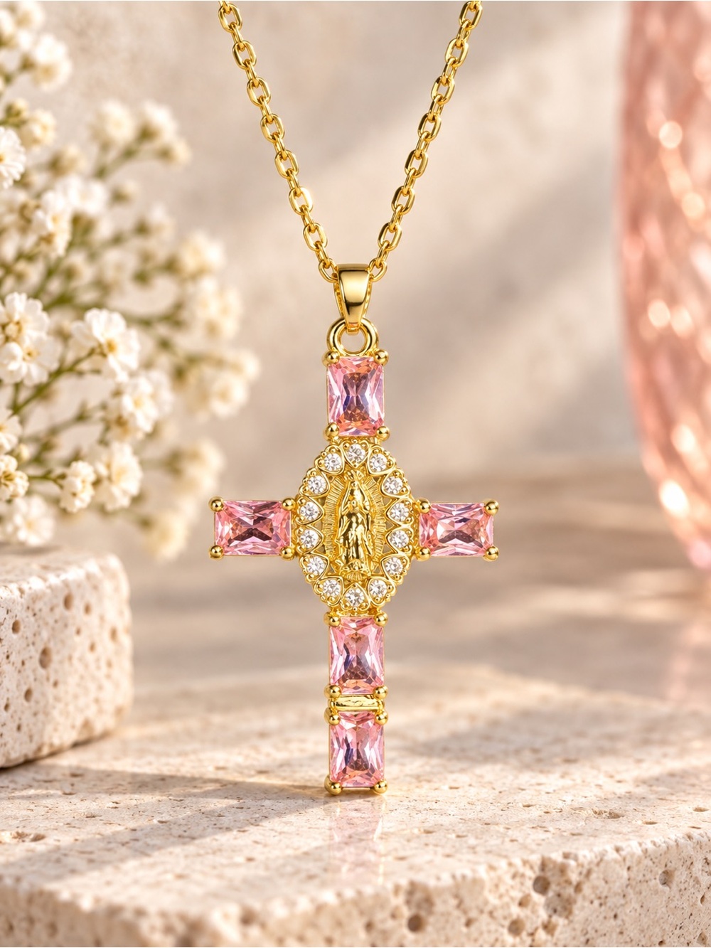 ✝️ Gold Tone Stainless Steel Pink Crystal Cross Necklace | Religious Statemen